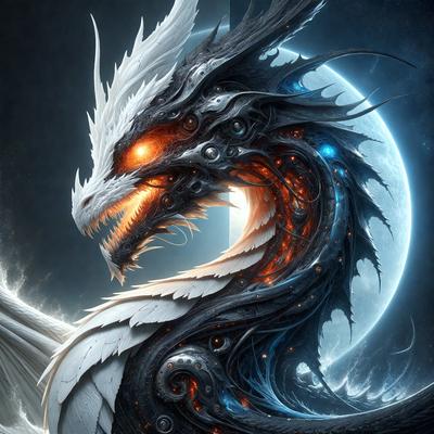 Primary subject: A dragon with a white and black color scheme.

Setting/background: The dragon is in front of a blue and white moon.

Visual style: The image is a digital art or illustration.

Colors and mood: The dragon has a white and black color scheme, giving it a contrasting and striking appearance. The blue and white moon in the background adds a sense of depth and contrast to the image.